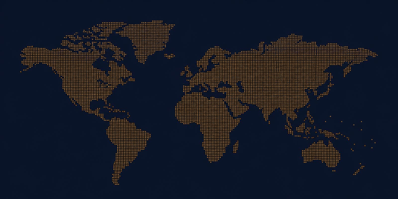 Dotted world map showing the Nexor offices in Nassau, Panama, Dubai and Cape Town